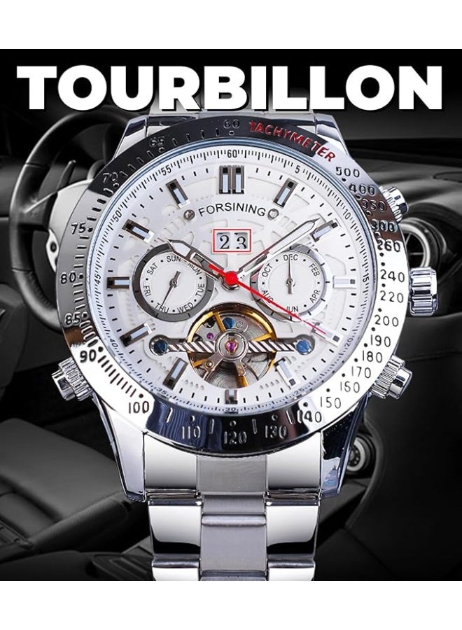 FORSINING Men Tourbillon Mechanical Self-Wind Watch, Day Date Month Full Calendar, Luminous Tachymeter Multifunctional Automatic Watches, Carved Big Dial Stainless Steel Band Wrist Watch - Image 4